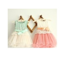 Girls Embroidered Lace 6 Layer Gauze Bow Vest Dress