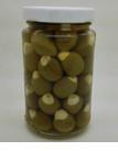 Pickled Green Olives Stuffed with Garlic in Glass Bottle